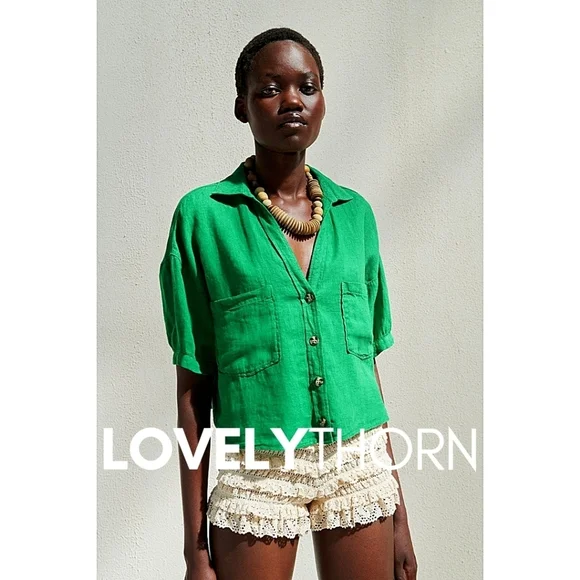 ZARA // kelly green chest pockets button down linen relaxed fit blouse - Picture 6 of 7